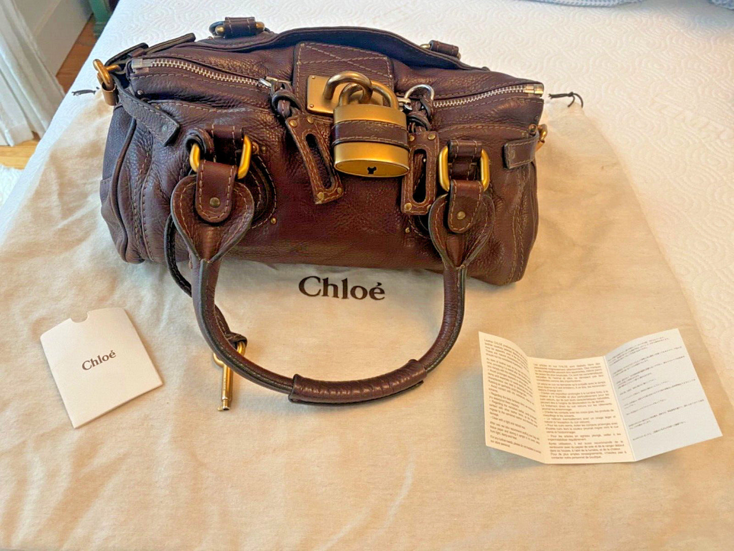CHLOE Chocolate Brown Paddington Bag with lock, key, and dustbag