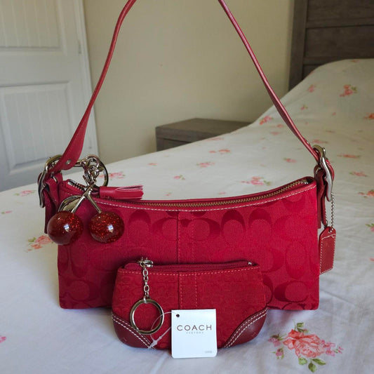 🍒 Y2K Vintage Rare Coach Red East West Baguette Shoulder Bag with coin purse 🍒